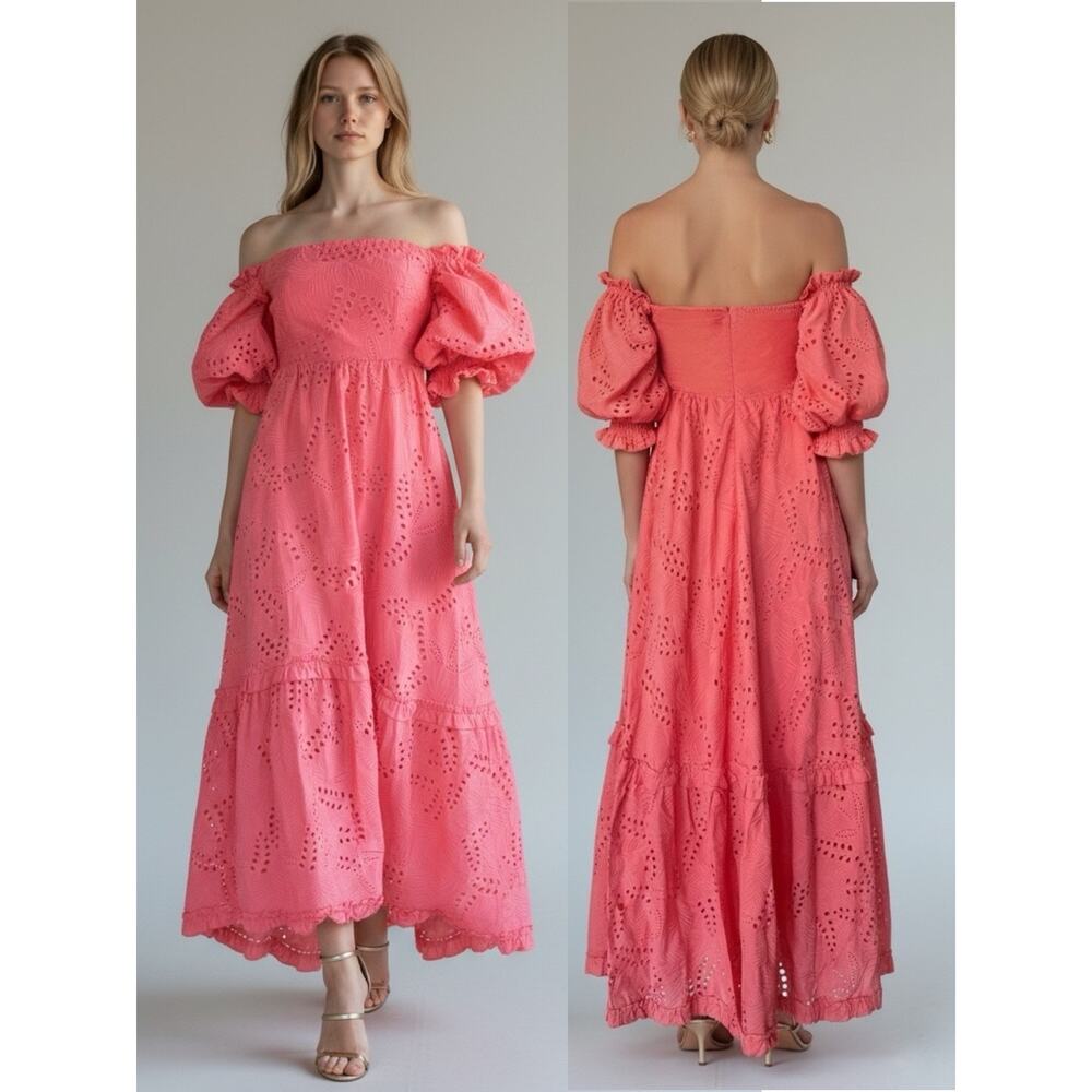Waimari Eyelet Embroidery Puff Sleeve Maxi Dress, Size S, Pink Coral